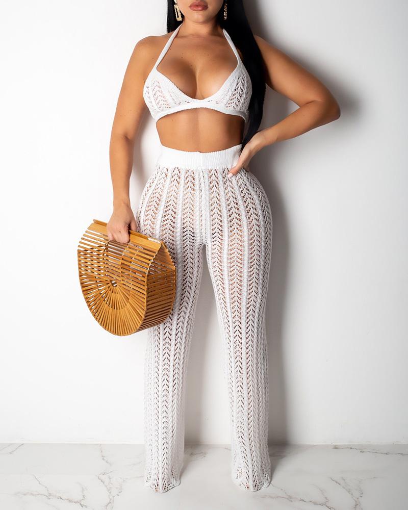 

Knit Halter Hollow Out Crop Top & Pants Set, White