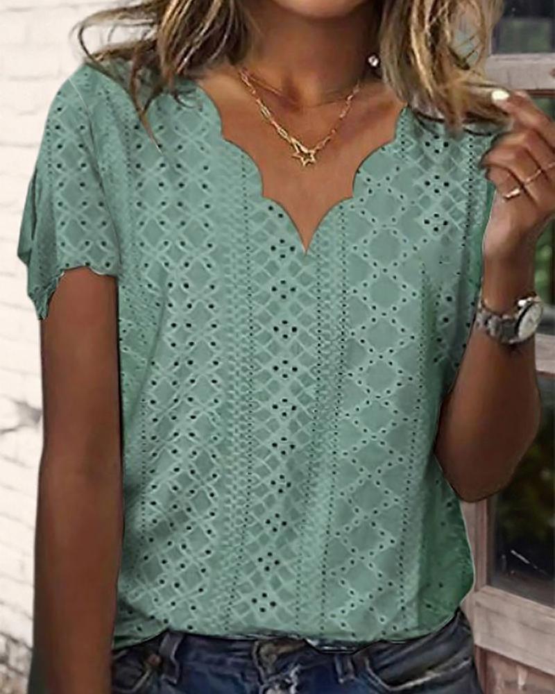 

Eyelet Embroidery Scallop Trim Top, Green