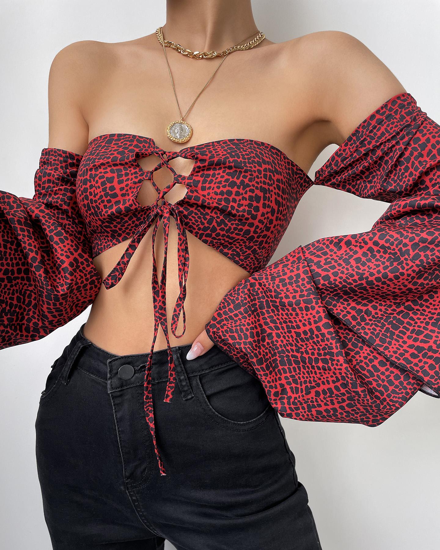 

Leopard Long Sleeve Off Shoulder Strappy Blouse, Red