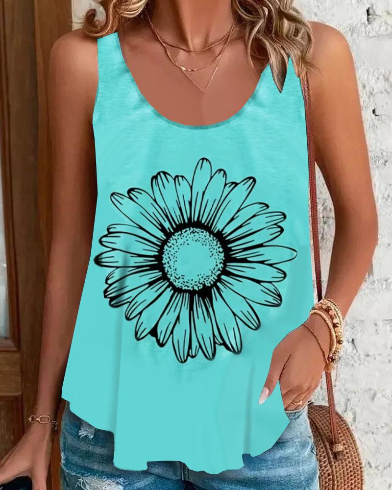 

Daisy Print Sleeveless Casual Tank Top, Turquoise blue