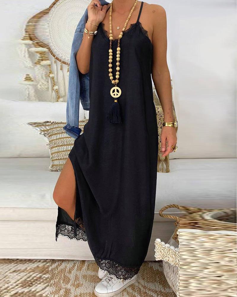 

Lace Stitching Sleeveless Loose Slit Dress, Black