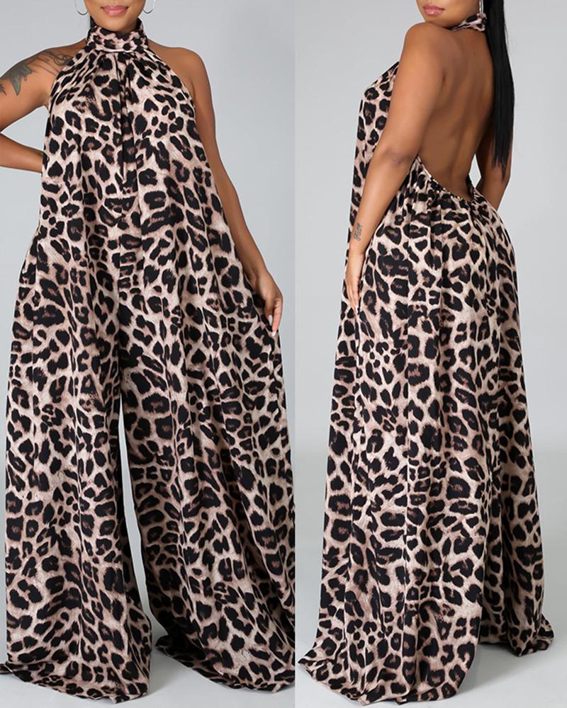

Leopard Print Backless Halter Sleeveless Wide Leg Jumpsuits
