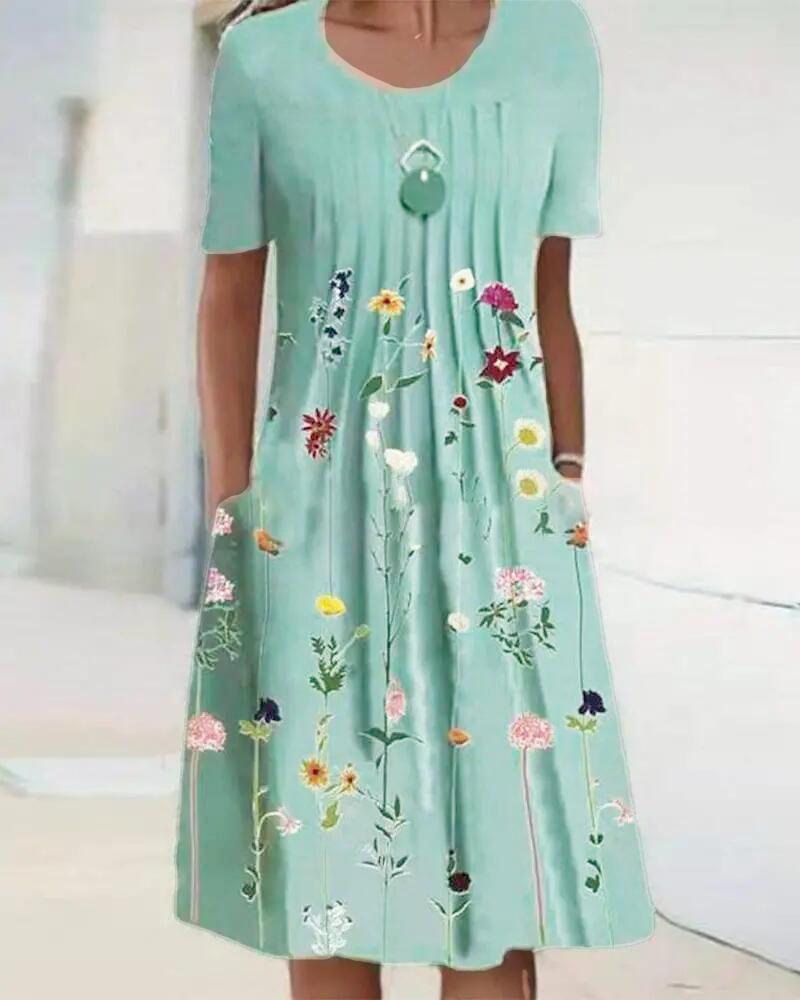 

Floral Print Pocket Detail Pleated Casual Dress, Green