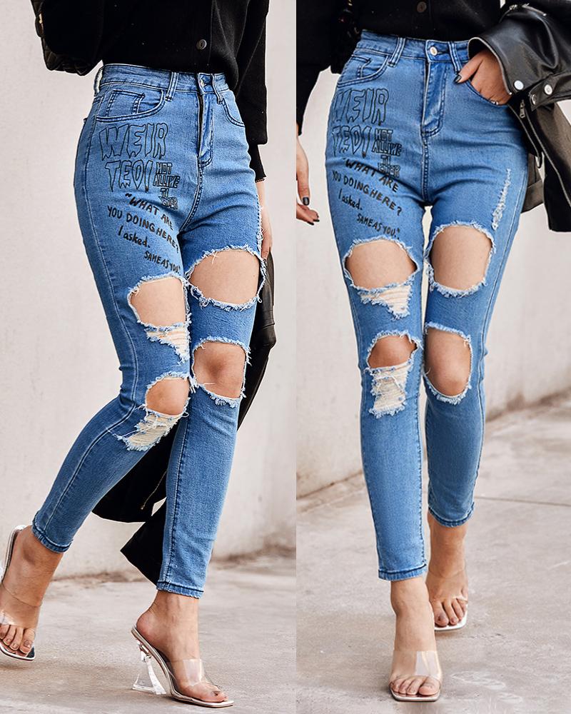 

Letter Print Cutout Raw Hem Jeans, Blue