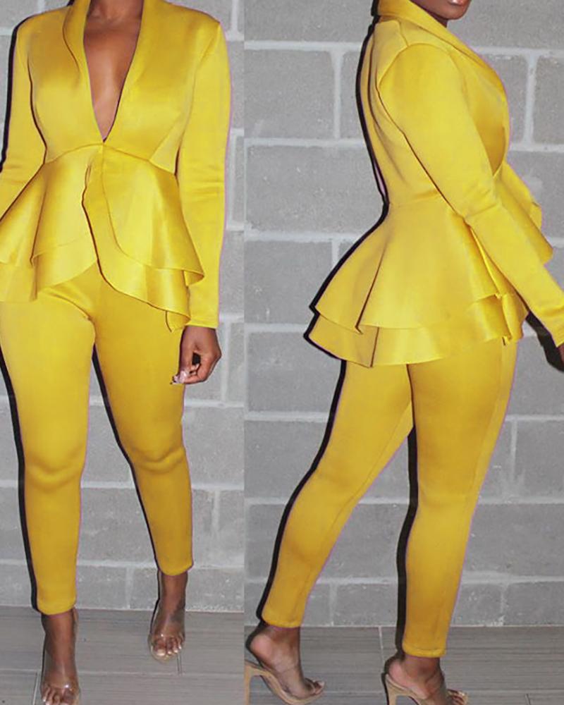 

Ruffles Plunge Top & Pants Set, Yellow