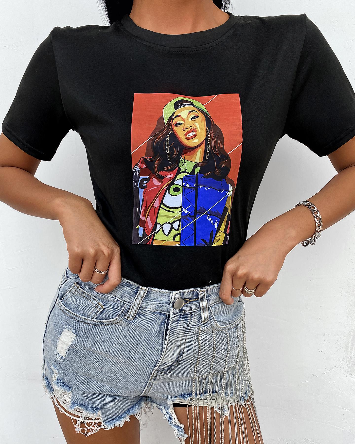 

Figure Print Short Sleeve Casual T-Shirt, Black