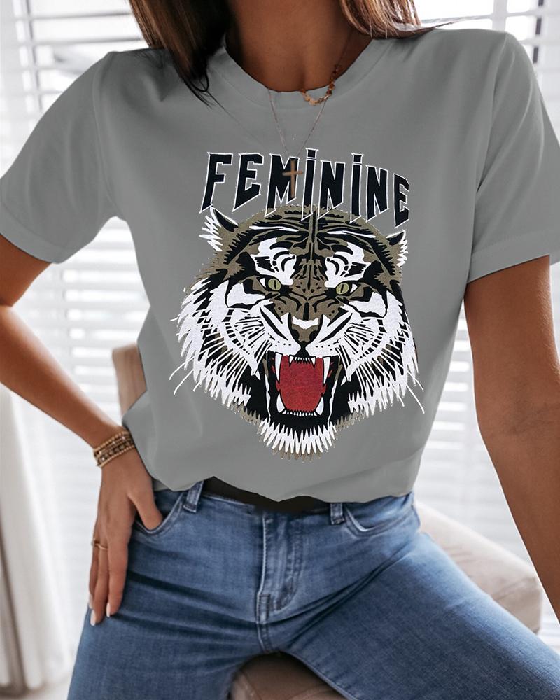 

Tiger Letter Print Casual T-shirt, Gray