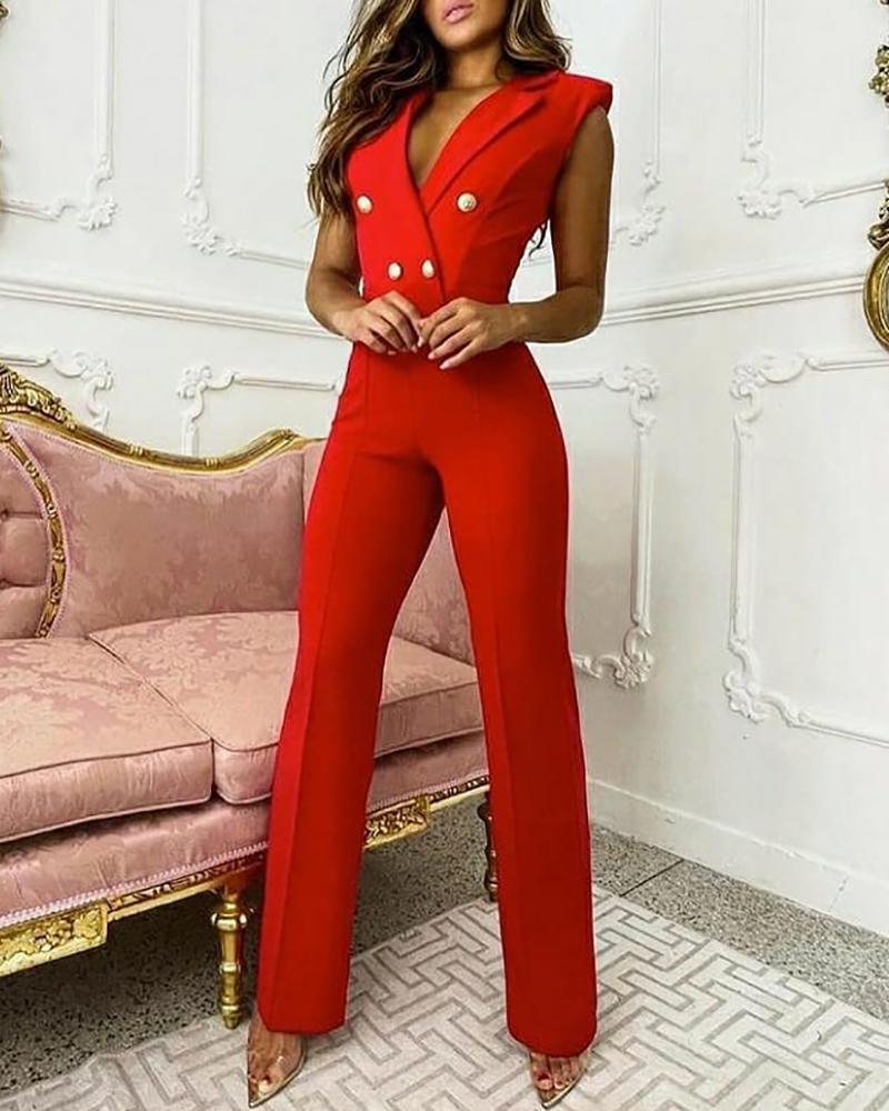

Double Breasted Sleeveless Blazer Jumpsuit, Red