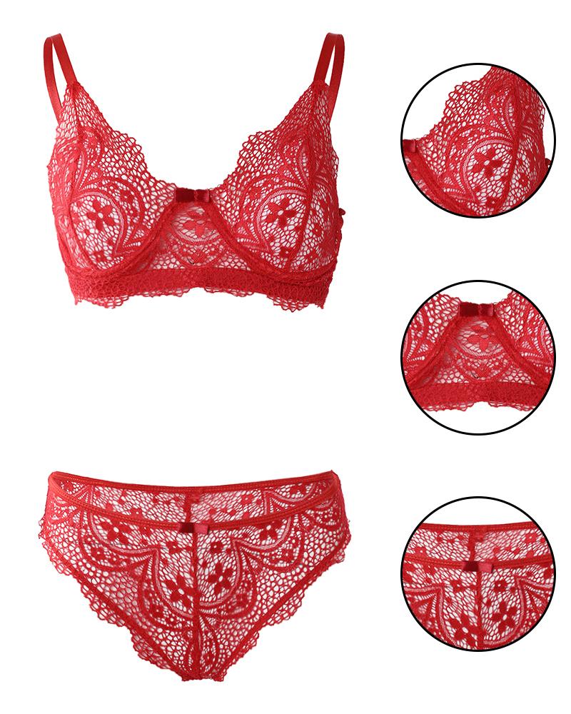 

Bowknot Decor Lace Lingerie Set, Red