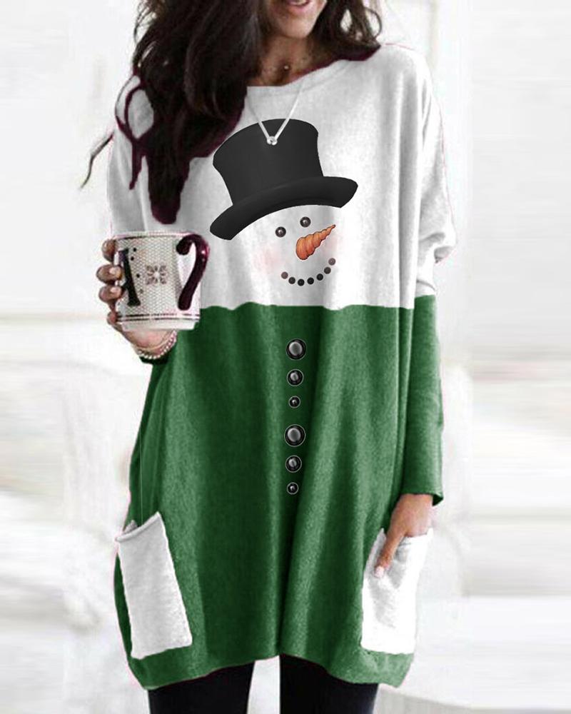 

Snowman Print Colorblock Buttoned Casual Sweatshirt, Green