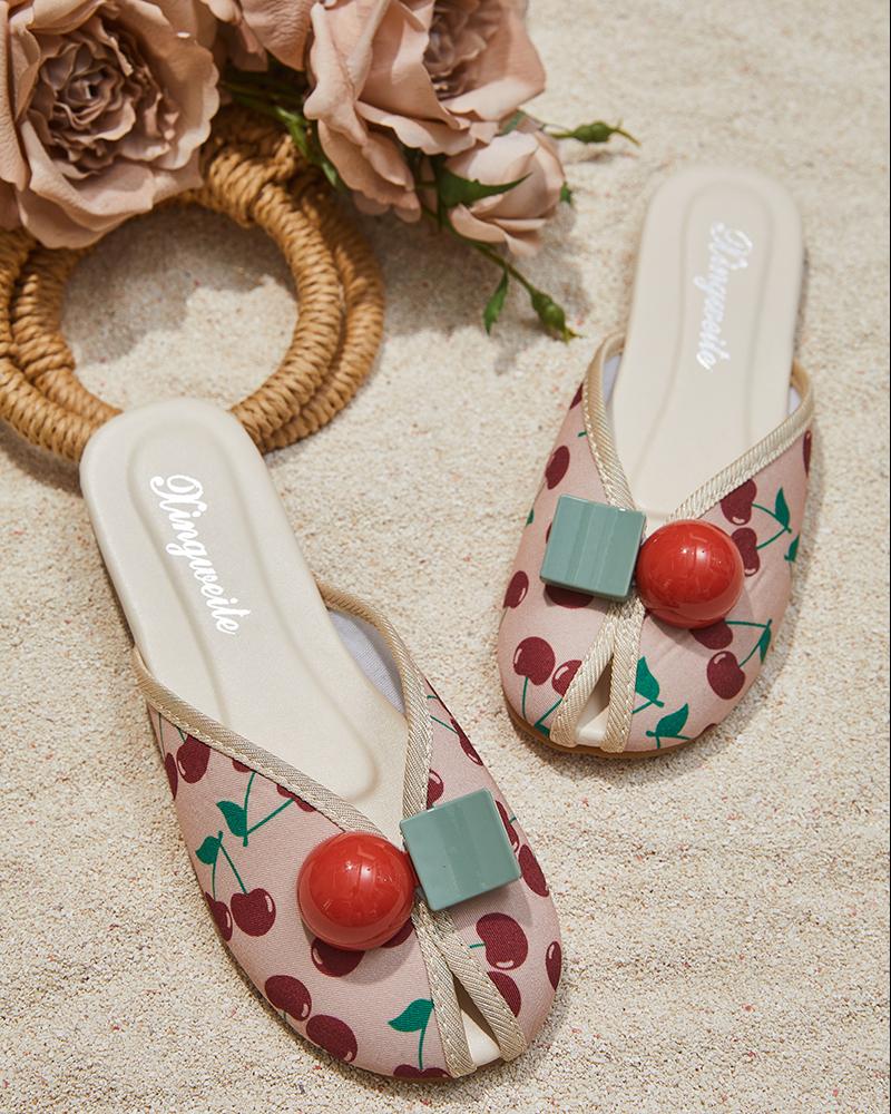 

Cherry Print Peep Toe Slippers, Red