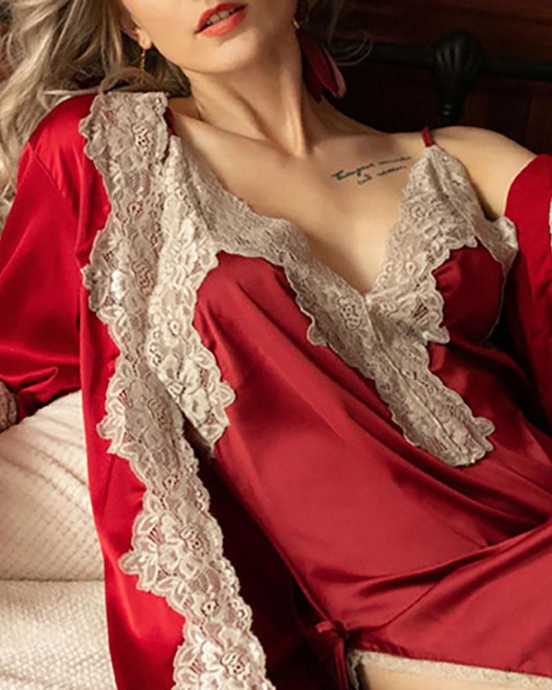 

Guipure Lace Satin Slit Babydoll With Long Sleeve Robe, Red