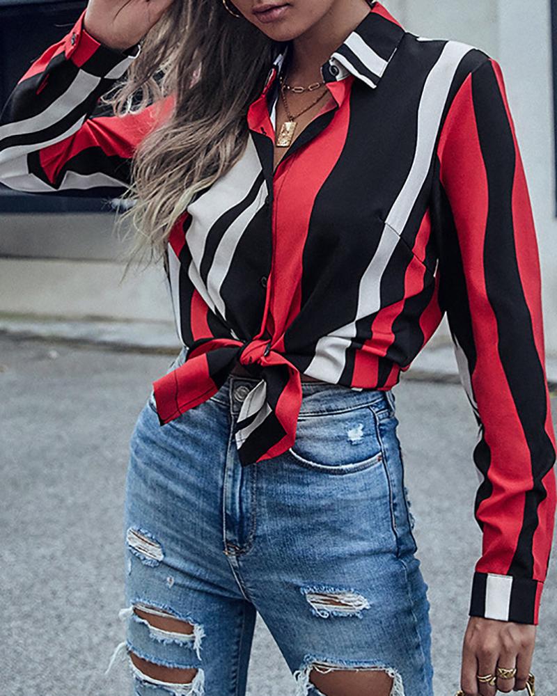 

Long Sleeve Striped Print Button Design Top, Red