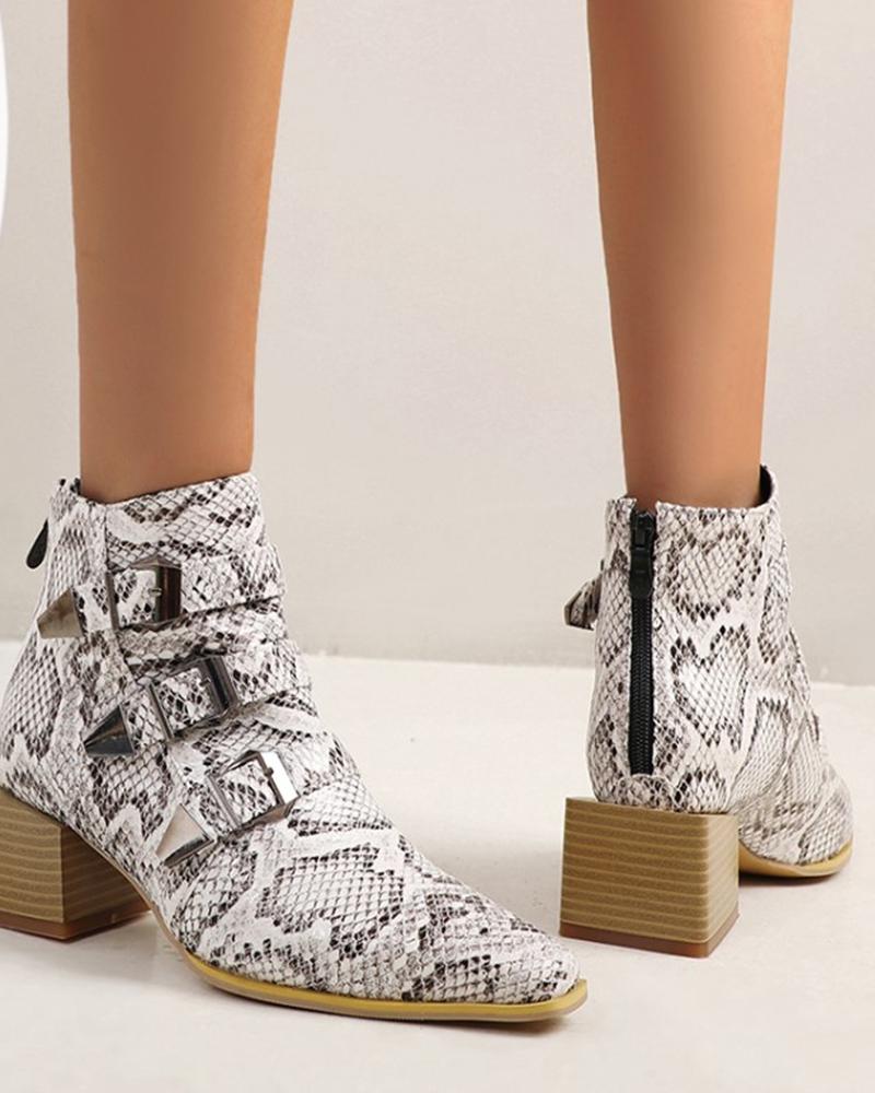 

Square-toe Splicing Triple Buckle Ankle Boots, Snakeskin