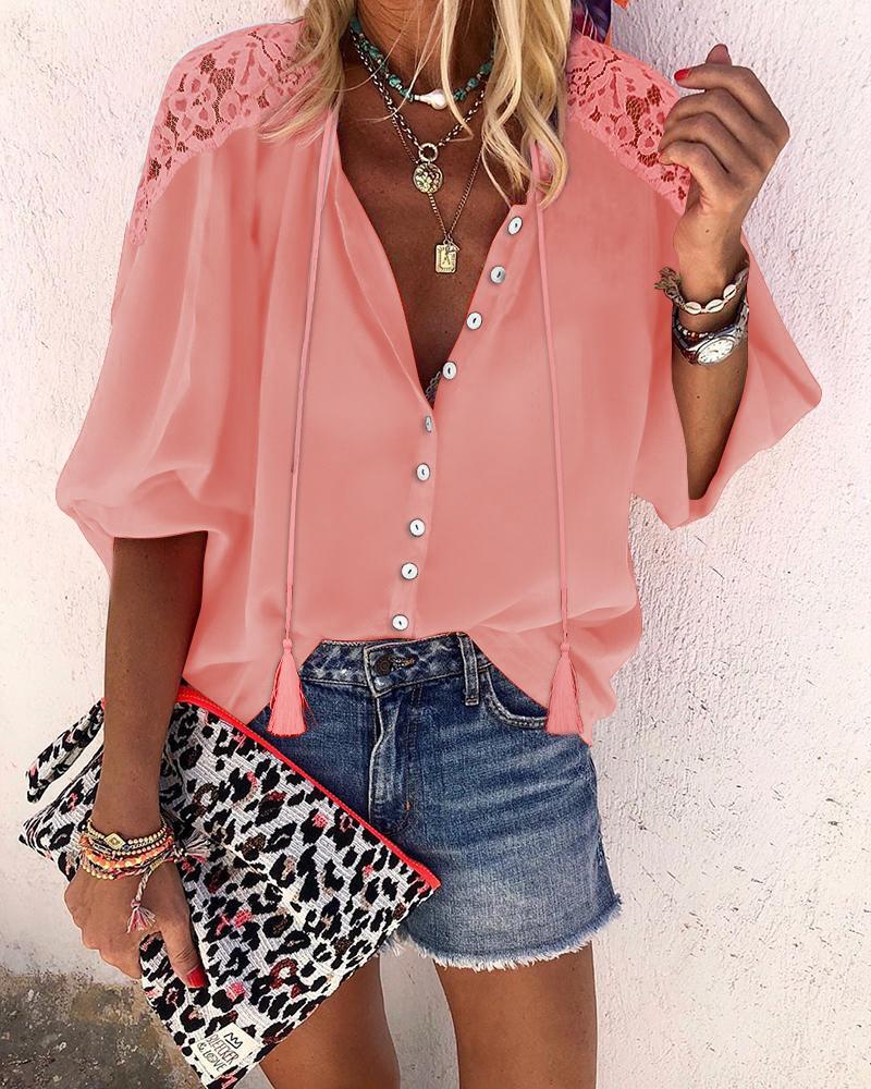 

Crochet Lace Lantern Sleeve Shirt, Pink