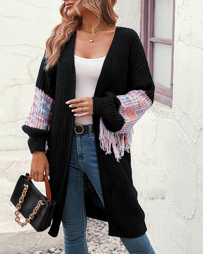 

Striped Open Front Tassel Design Knit Cardigan, Black