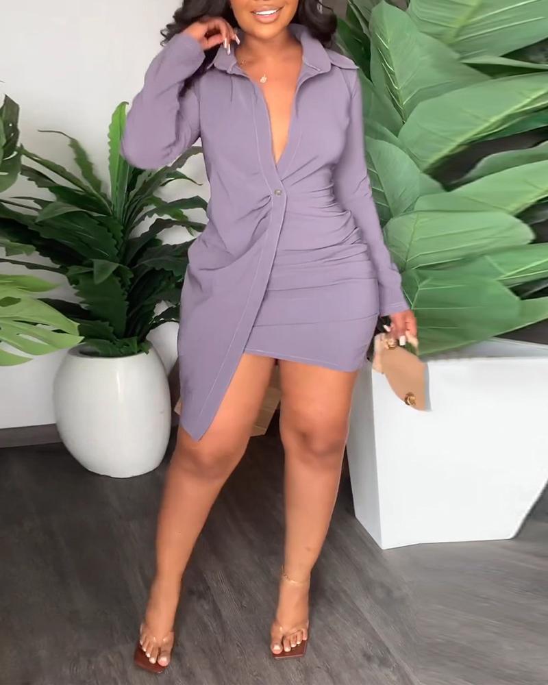 

Long Sleeve Asymmetrical Shirt Dress, Purple