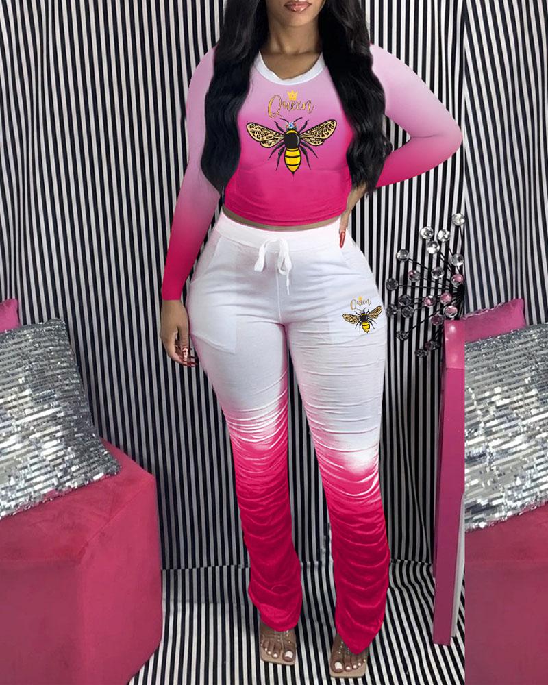 

Bee Print Ombre Crop Top & Stacked Pants Set, Pink