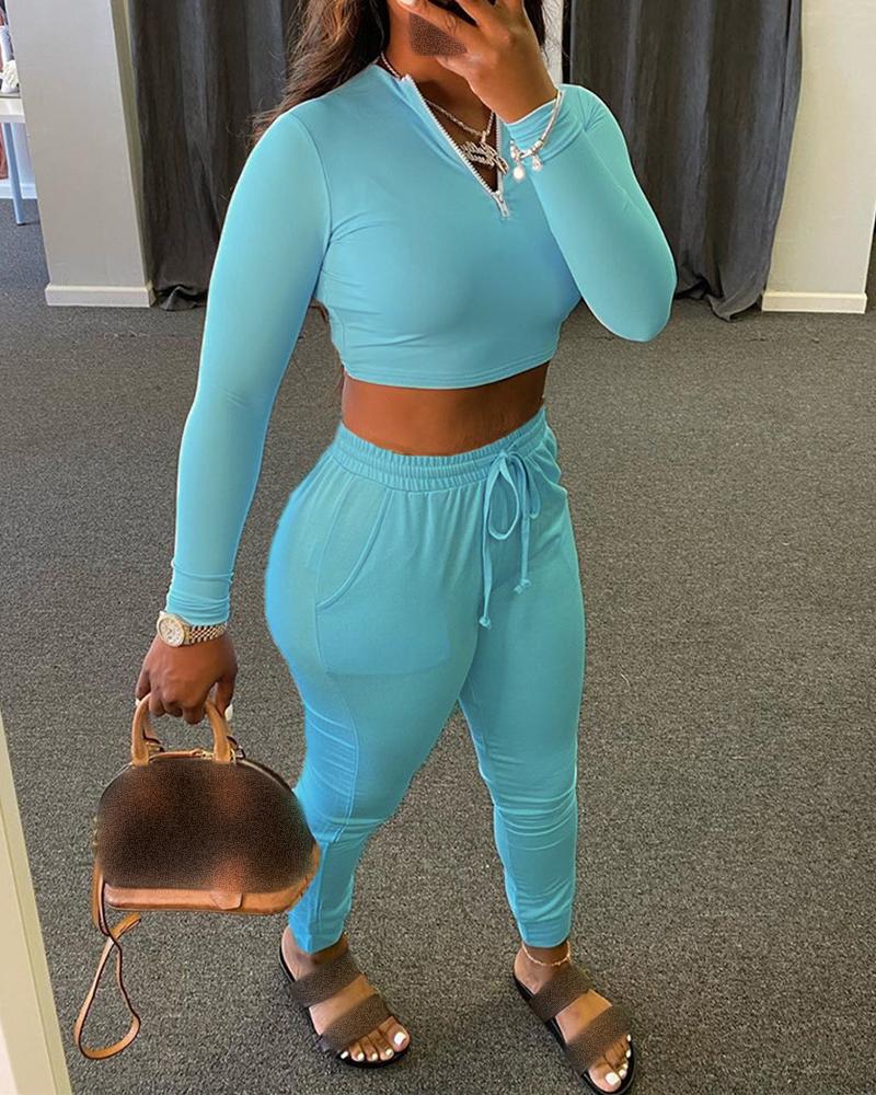 

Zipper Design Crop Top & Drawstring Pants Set, Blue