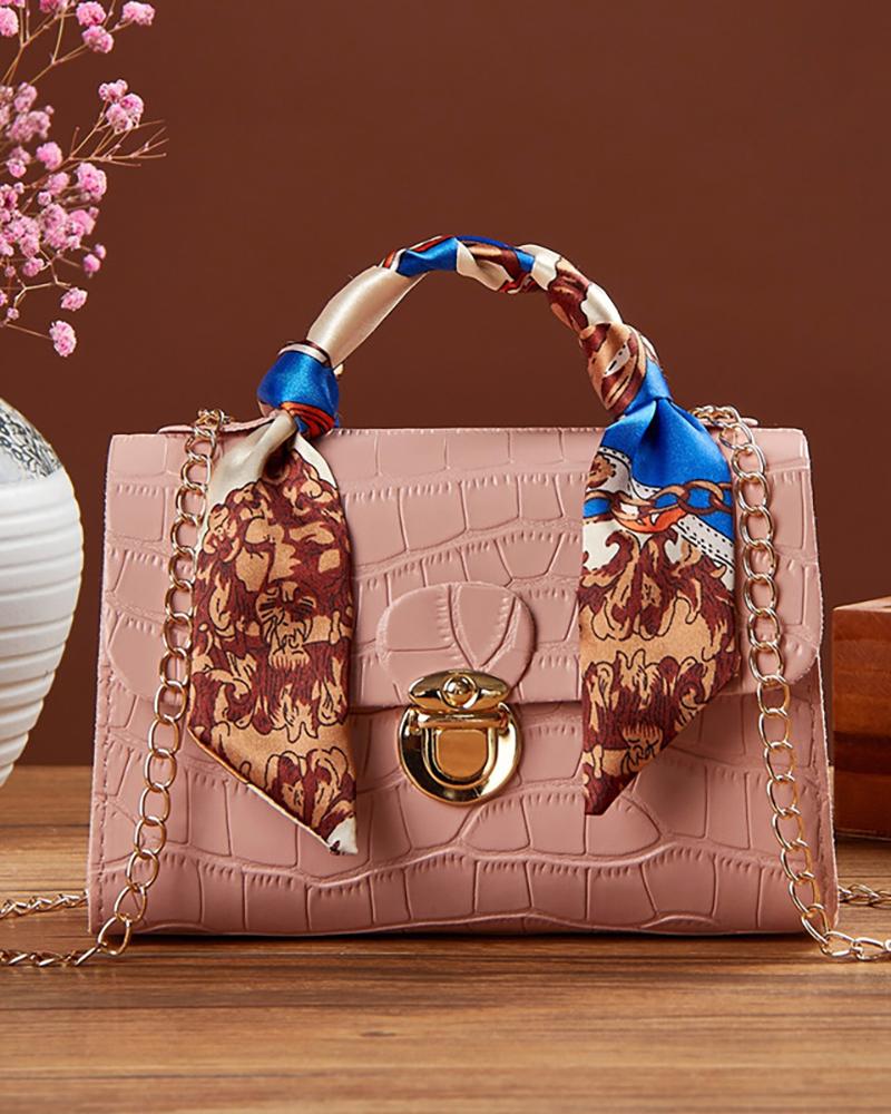 

Scarf Decor Crocodile Shoulder Bag, Pink