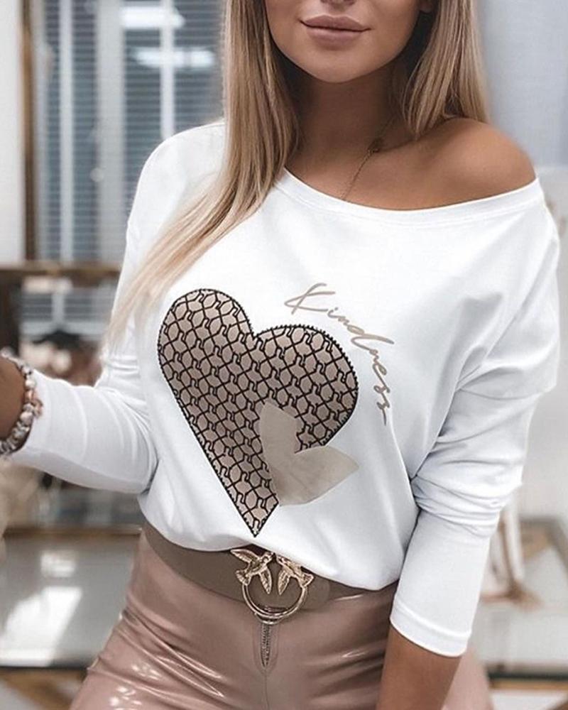 

Heart Print Long Sleeve Top, White