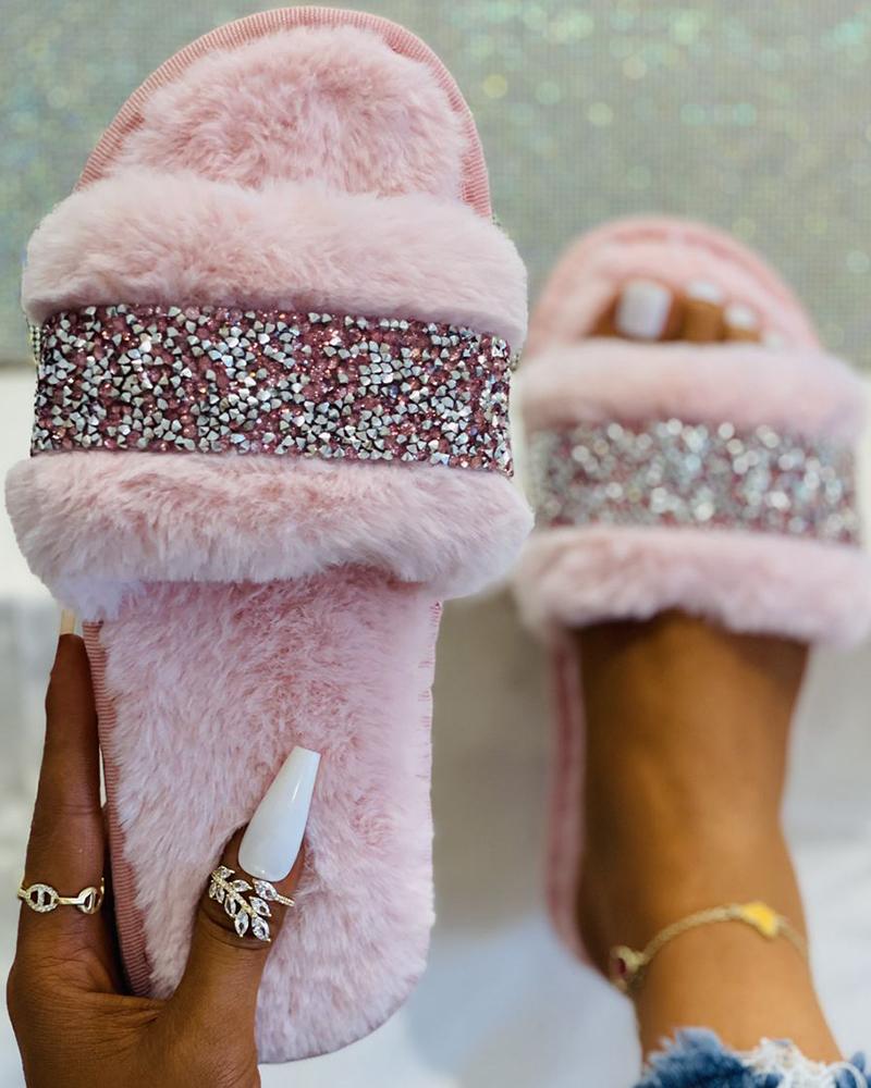 

Rhinestone Patch Peep Toe Fluffy Slippers, Pink