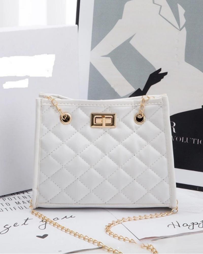 

Quilted Twist Lock Chain Strap Shoulder Bag, White