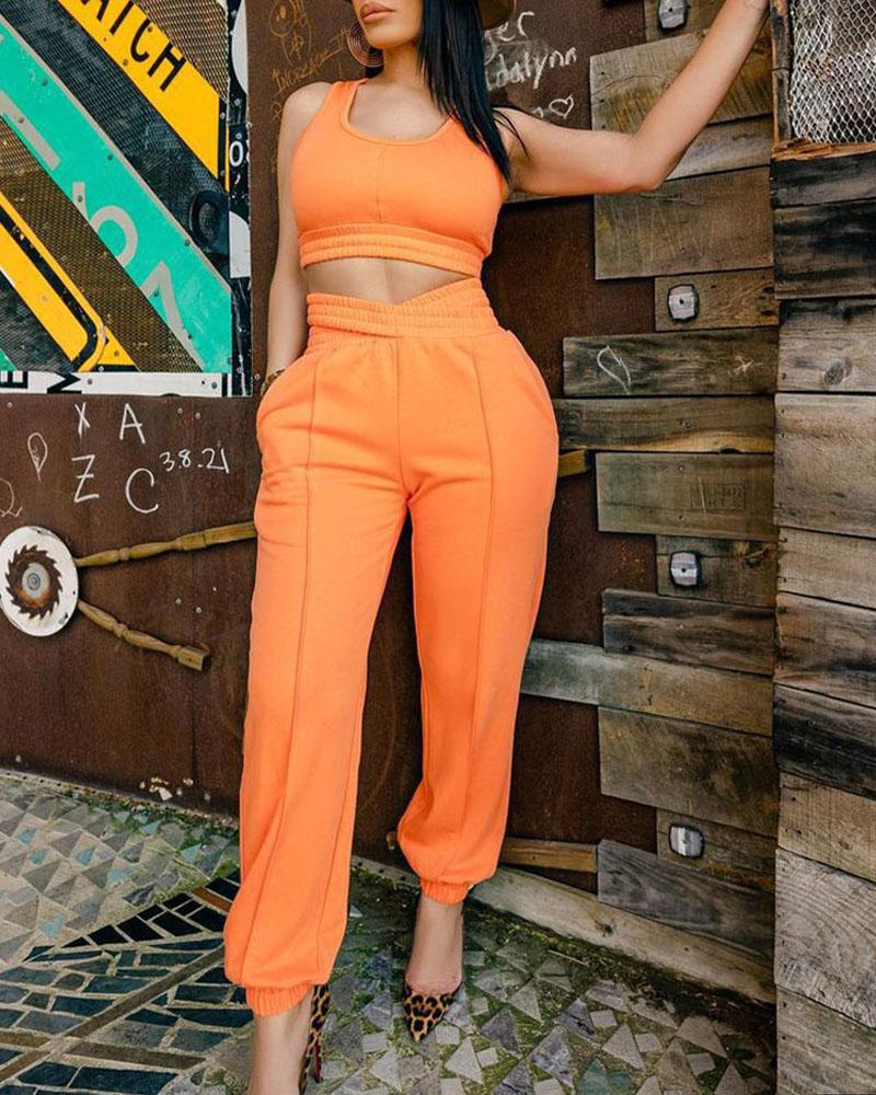 

Crop Tank Top & Criss Cross Pocket Pants Set, Orange