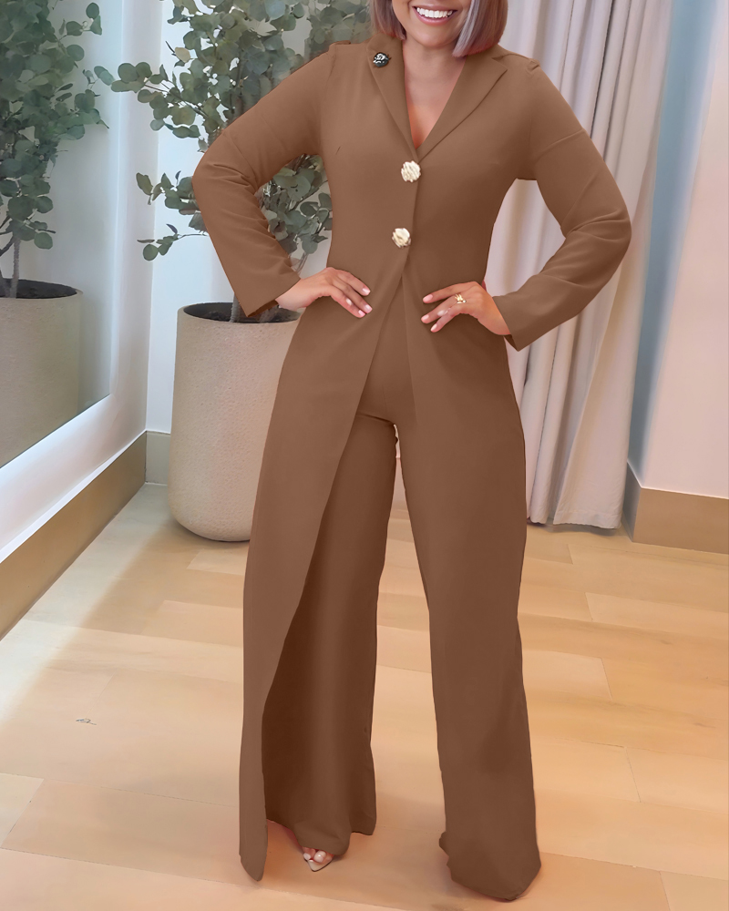 

Notched Collar Long Sleeve Button Front Jumpsuit Casual Cinched Waist Wide Leg Faux Two-Piece Jumpsuit, Coffee