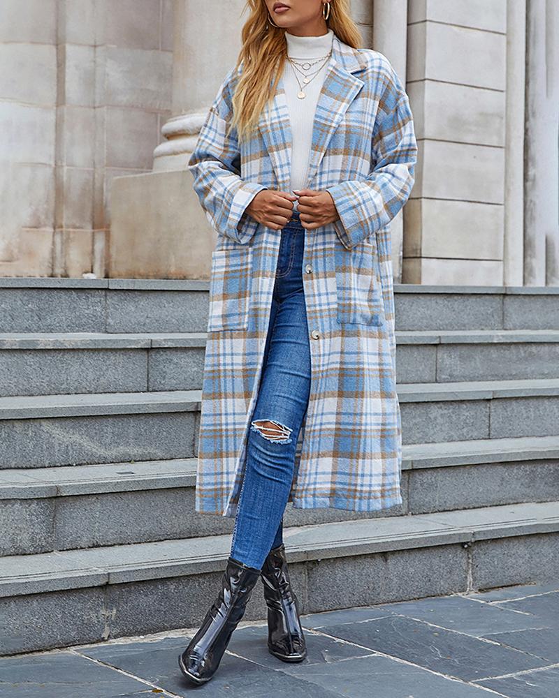

Plaid Print Pocket Button Design Long Sleeve Coat, White