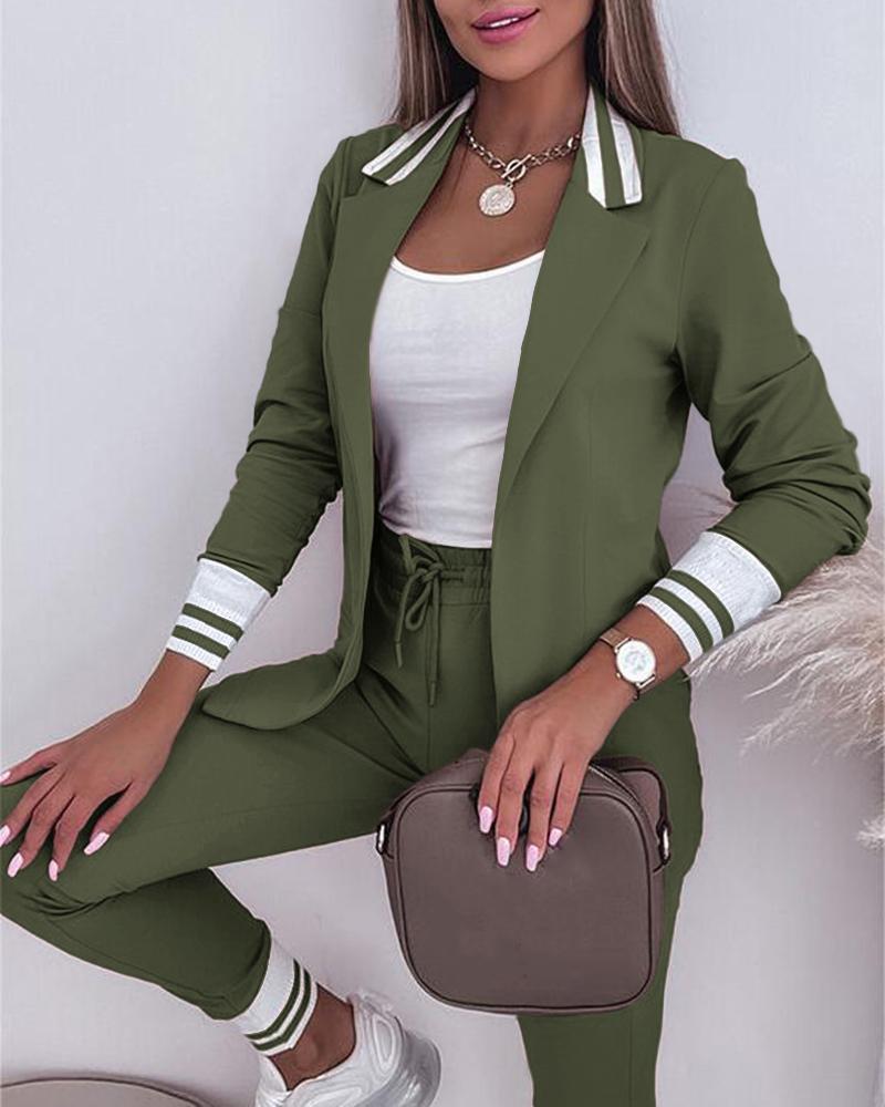 

Striped Notched Collar Blazer Coat & Drawstring Pants Set, Army green