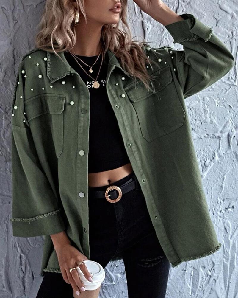 

Pearls Decor Pocket Design Denim Jacket, Army green