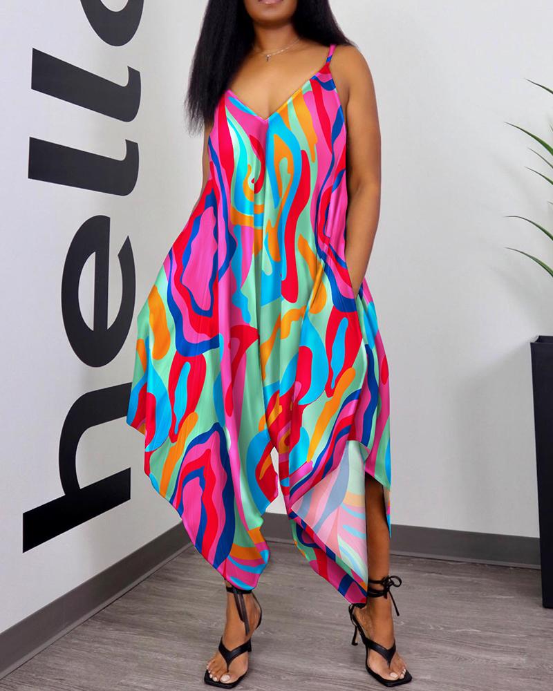 

Abstract Print Spaghetti Strap Harem Jumpsuit, Multicolor