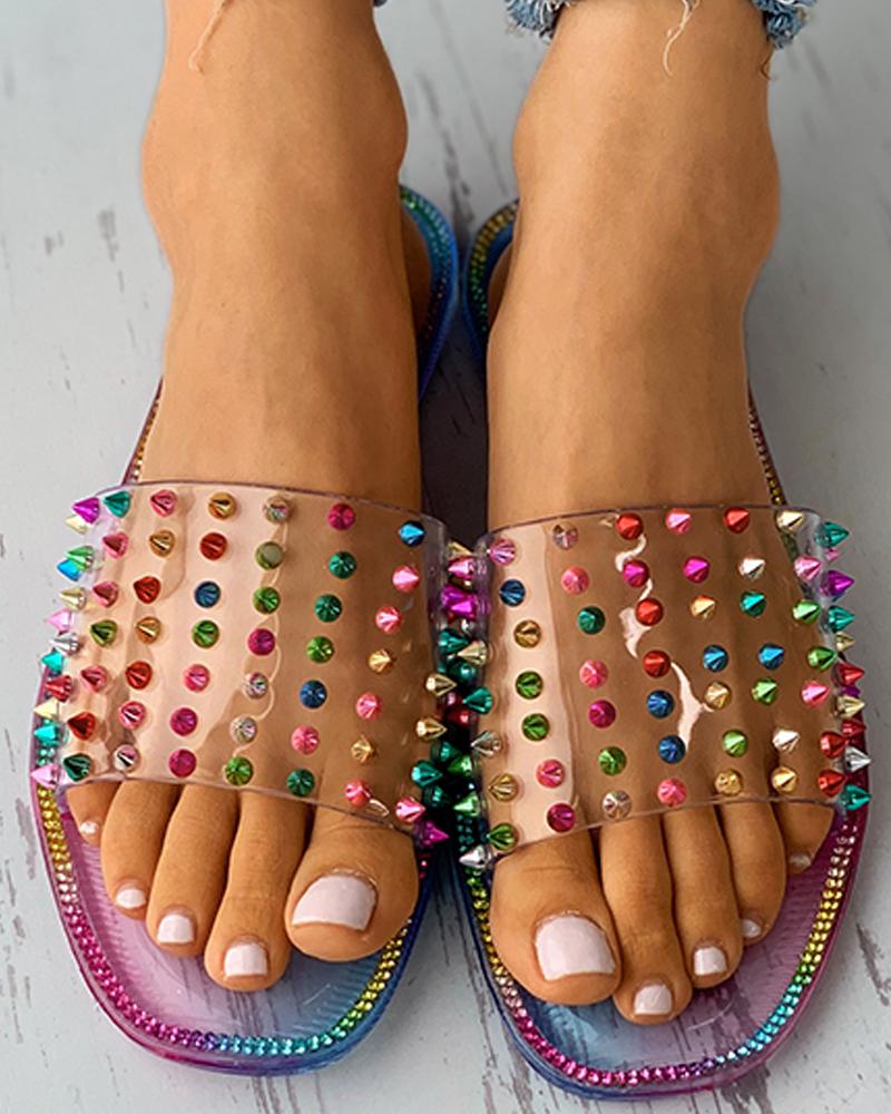

Colorful Studded Square Toe Flat Slippers, Multicolor