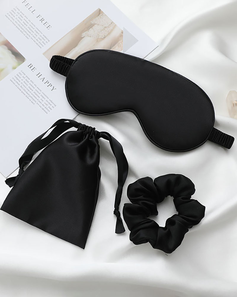 

3pcs Silk Sleep Mask & Scrunchie & Drawstring Storage Bag Set, Black