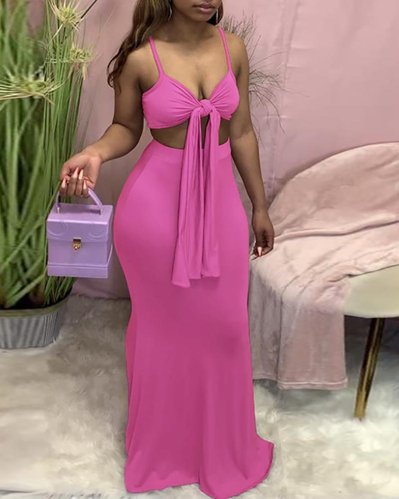 

Knotted Crop Top & Maxi Skirt Set, Hot pink