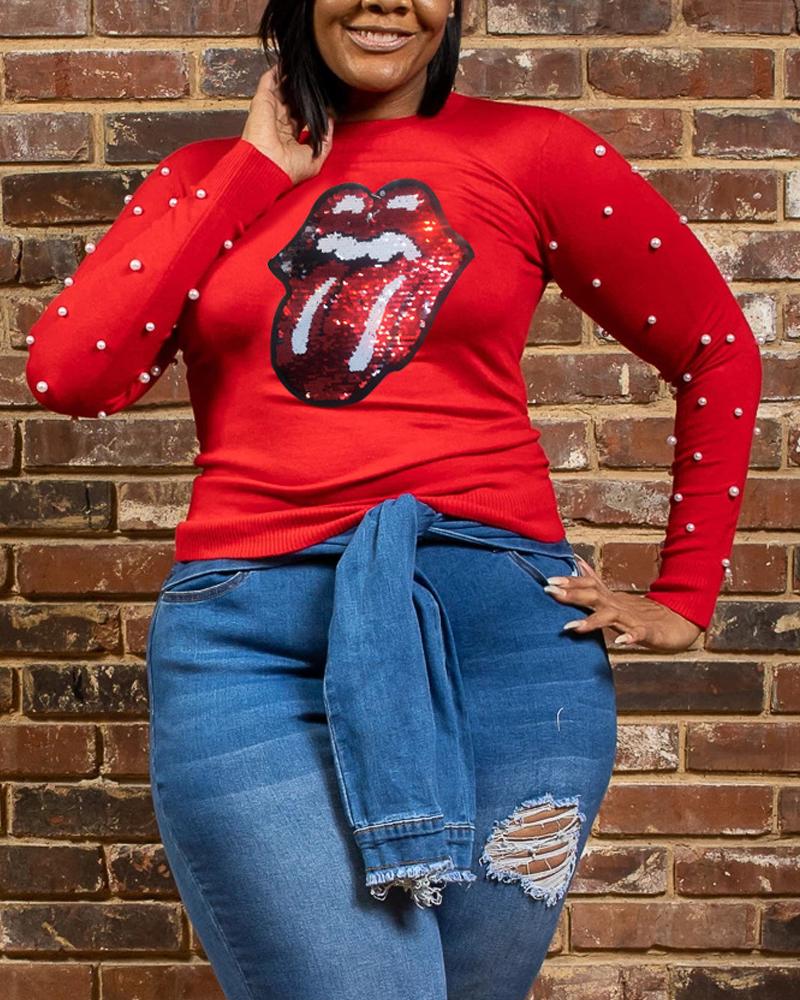 

Plus Size Lip Print Beaded Decor Long Sleeve Top, Red