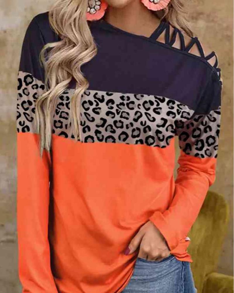 

Contrast Leopard Colorblock Cold Shoulder Top, Orange