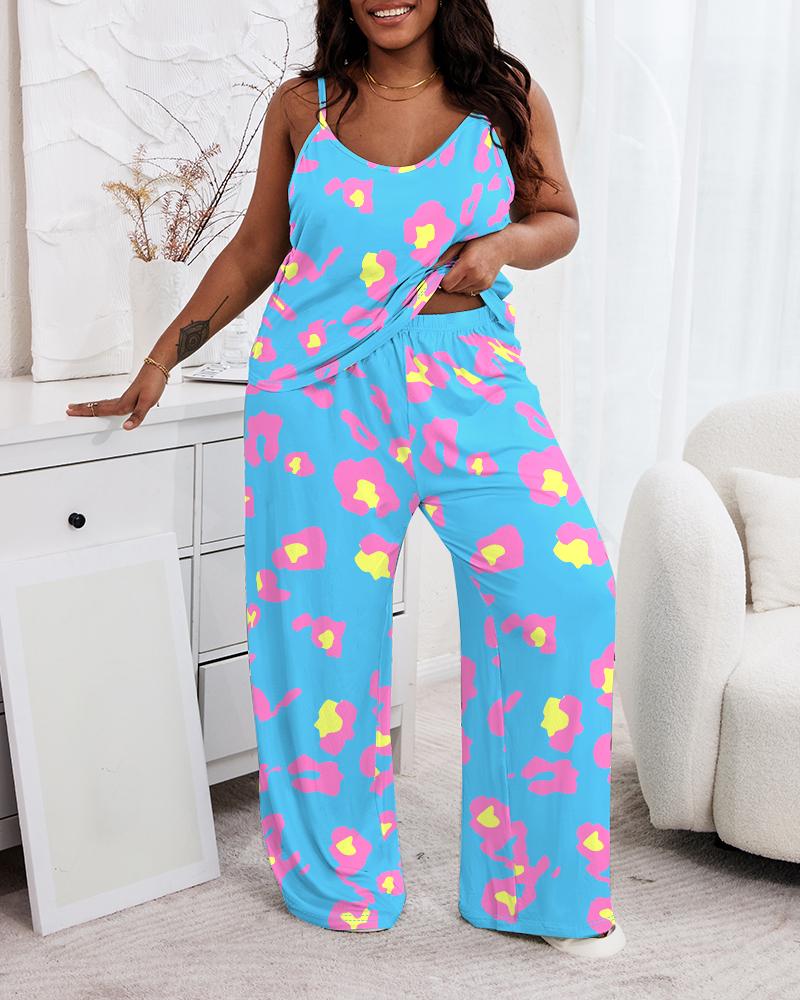 

Plus Size Pink Leopard Print Spaghetti Strap Pajamas Set, Blue