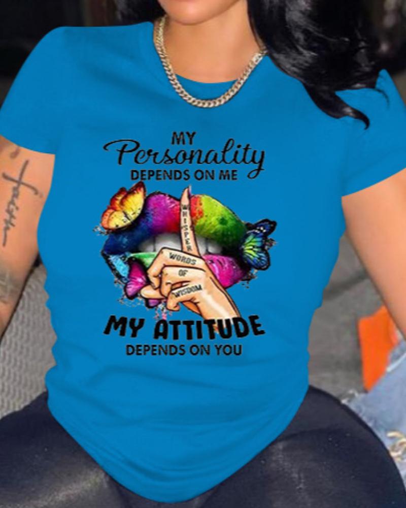 

Butterfly Slogan Print Short Sleeve Top, Blue