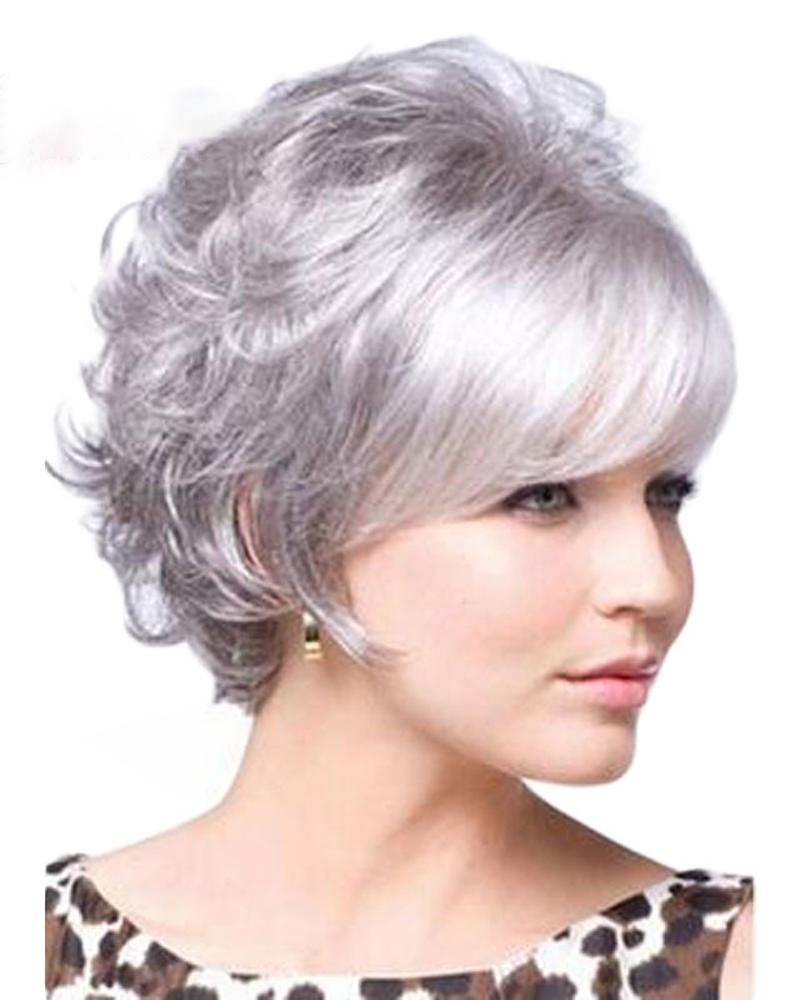 

Short Curly Pixie Cut Wig With Bangs Natural Layered Synthetic Wigs Older Women Mommy Old Lady Wigs, Silver