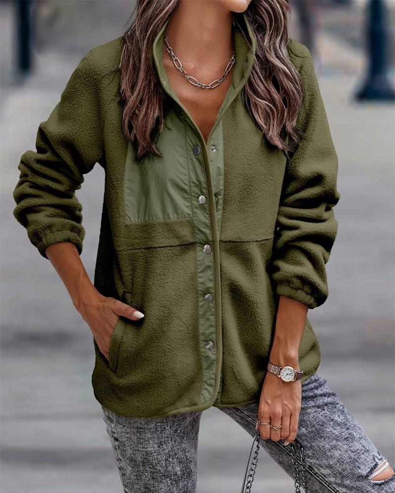 

Long Sleeve Button Front Teddy Coat, Green