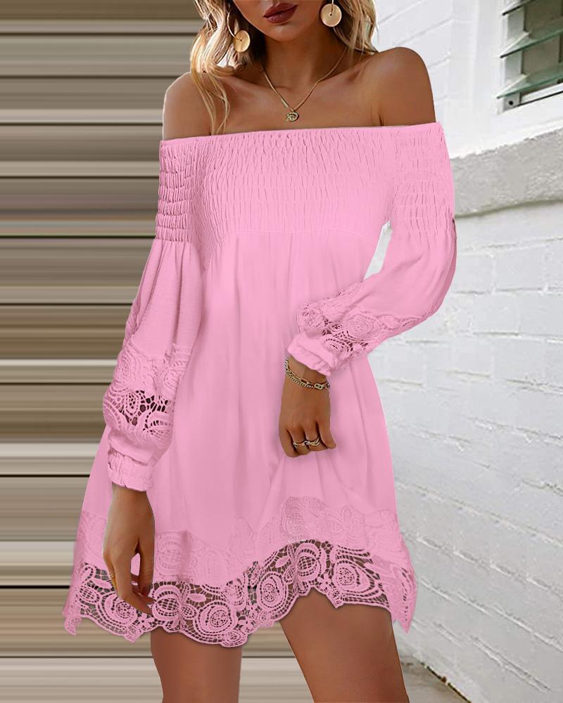 

Off Shoulder Lantern Sleeve Shirred Lace Trim Dress, Pink