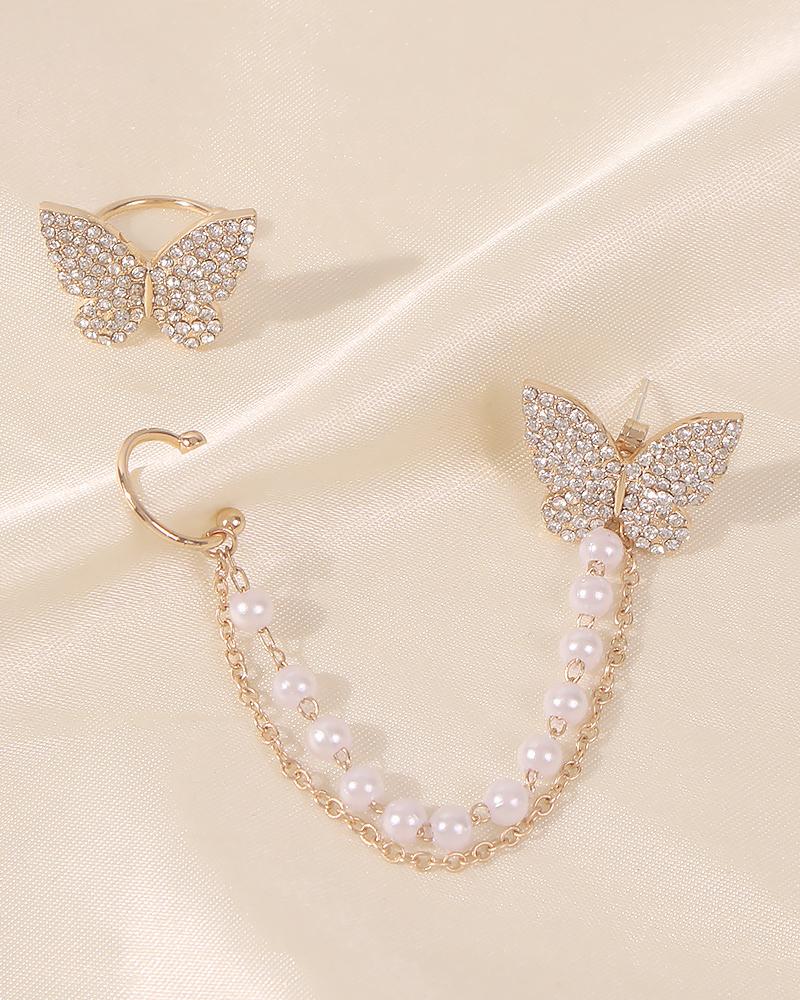 

Butterfly Rhinestone Beaded Chain Decor Ear Climbers, Gold