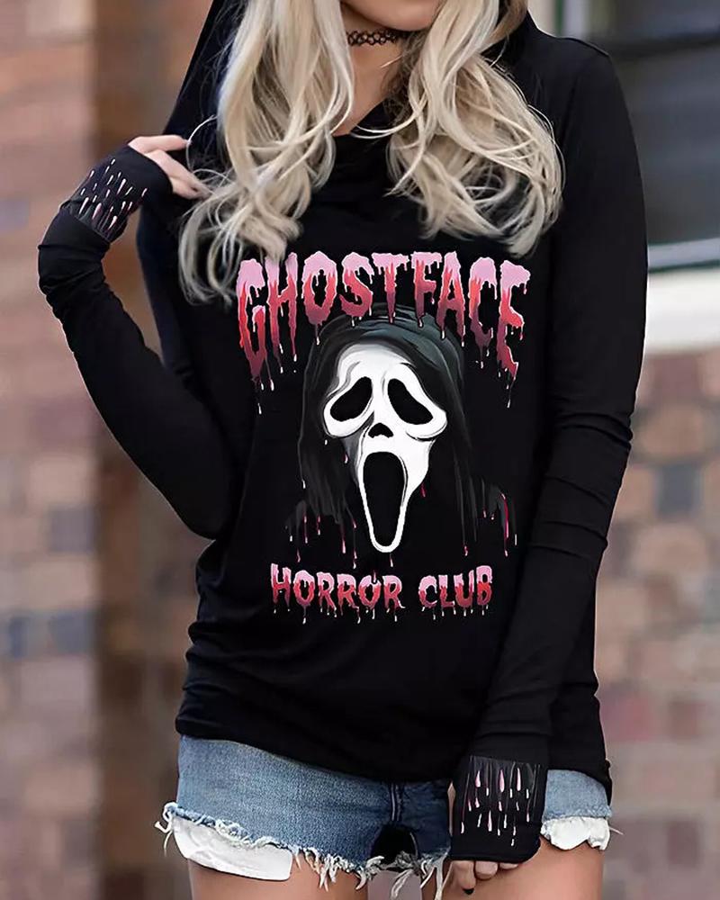 

Halloween Melting Ghost Face Horror Club Skull Print Casual Hoodie, Black