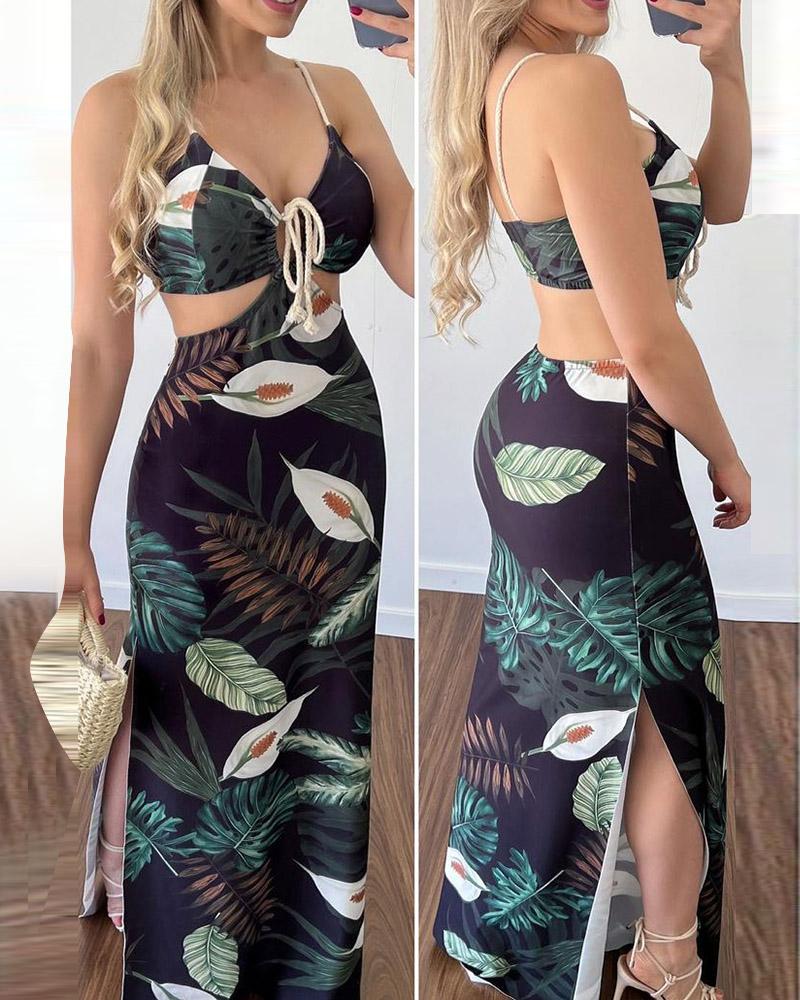 

Tropical Print Cutout Tied Detail Split Hem Maxi Dress, Dark blue