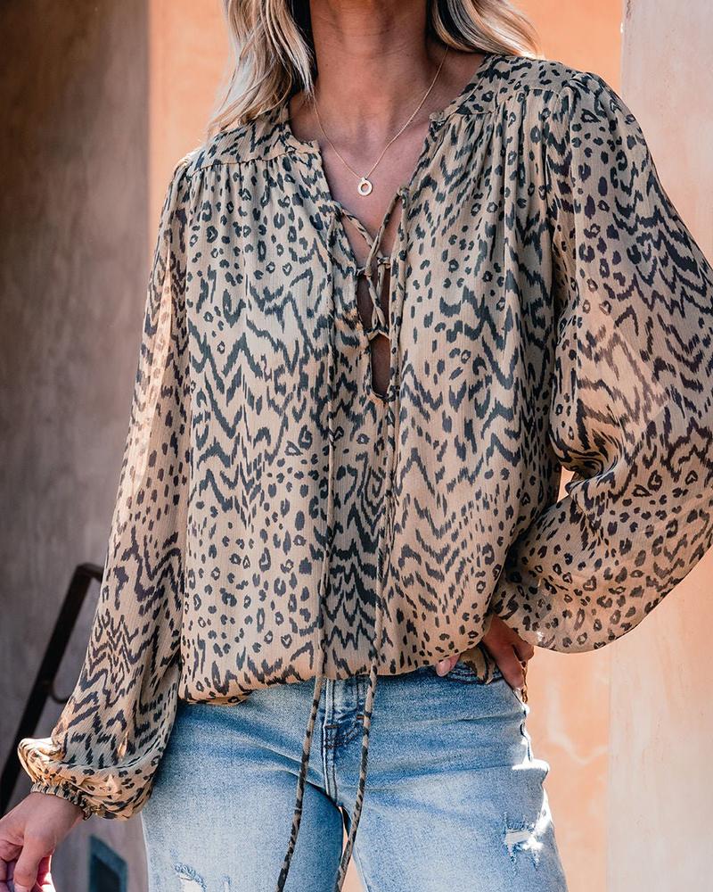 

Estampa de leopardo manga comprida gola redonda detalhe amarrado camiseta casual top, Leopard