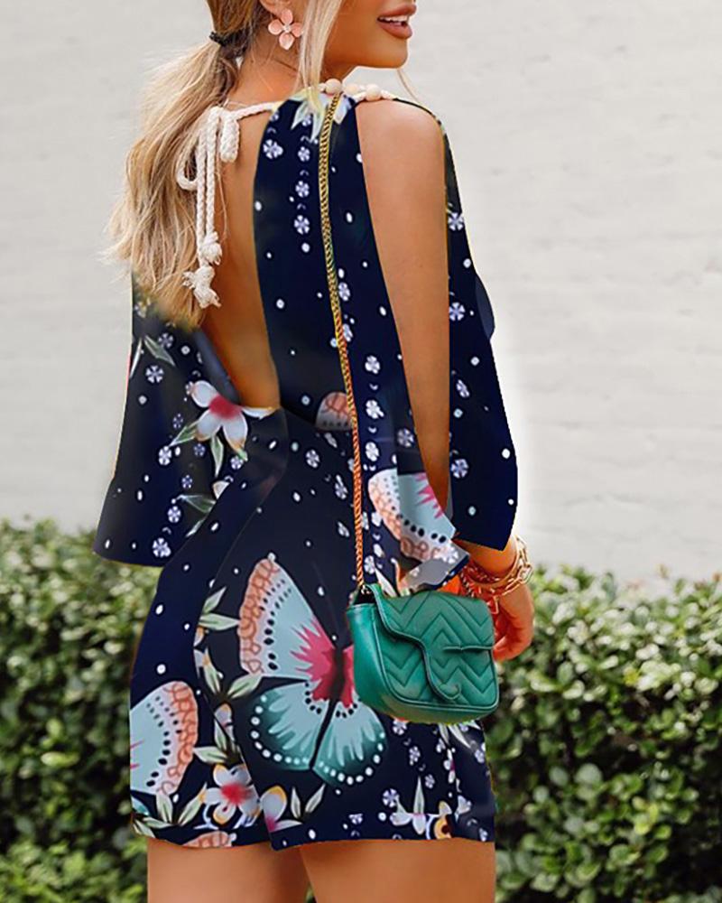 

Floral Butterfly Print Backless Cold Shoulder Romper, Multicolor