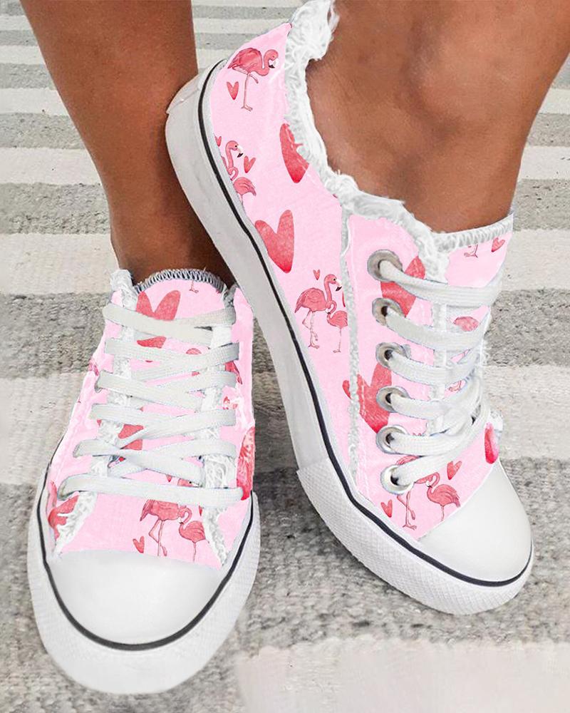 

Valentine's Day Flamingo Heart Print Fringe Hem Canvas Sneakers, Pink