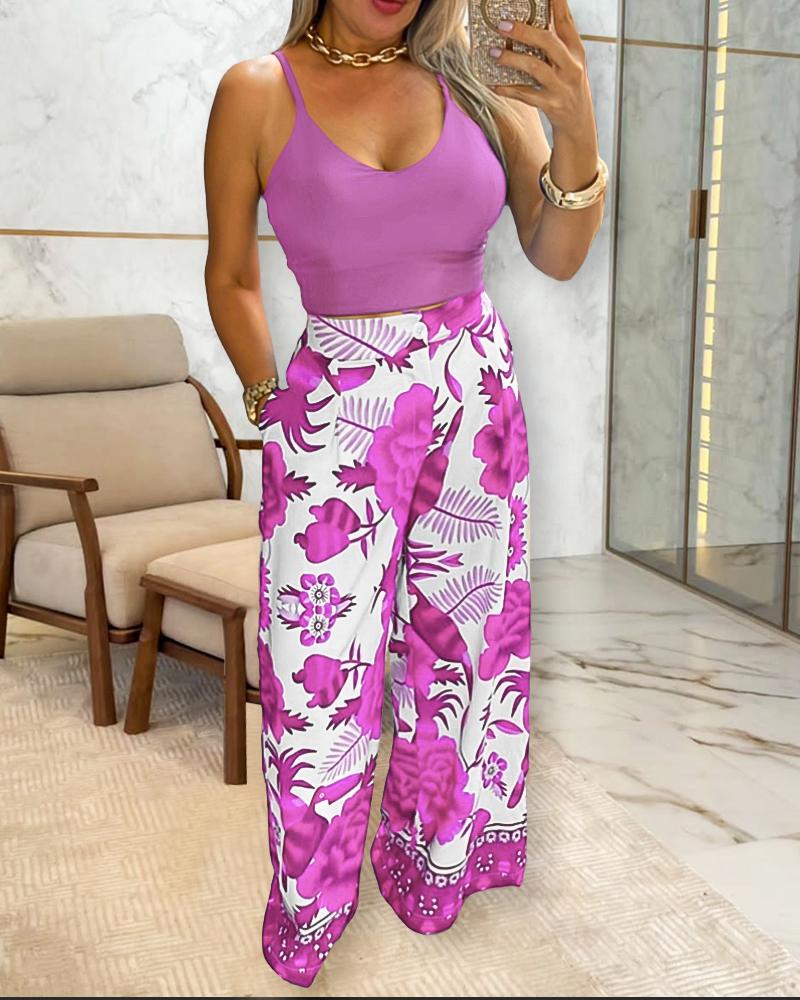 

2 Piece Floral Print U-Neck Spaghetti Strap Top High Waist Wide Leg Vacation Pants Set with Pocket, Hot pink